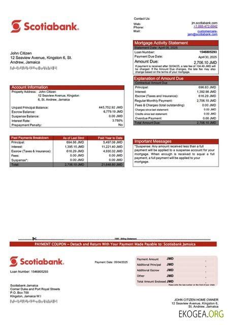 Modèle Word et PDF de relevé hypothécaire de la Banque Scotia de la Jamaïque